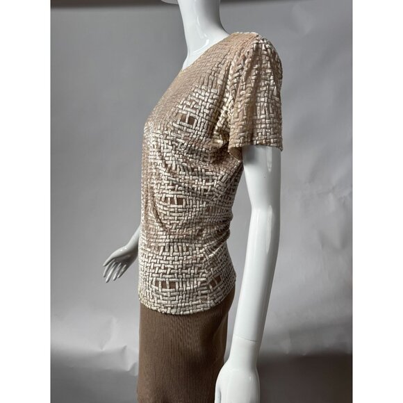 Barami Womens M Short-Sleeve Textured Top Beige Cream Woven Pattern Rayon/Polyes - Picture 12 of 15